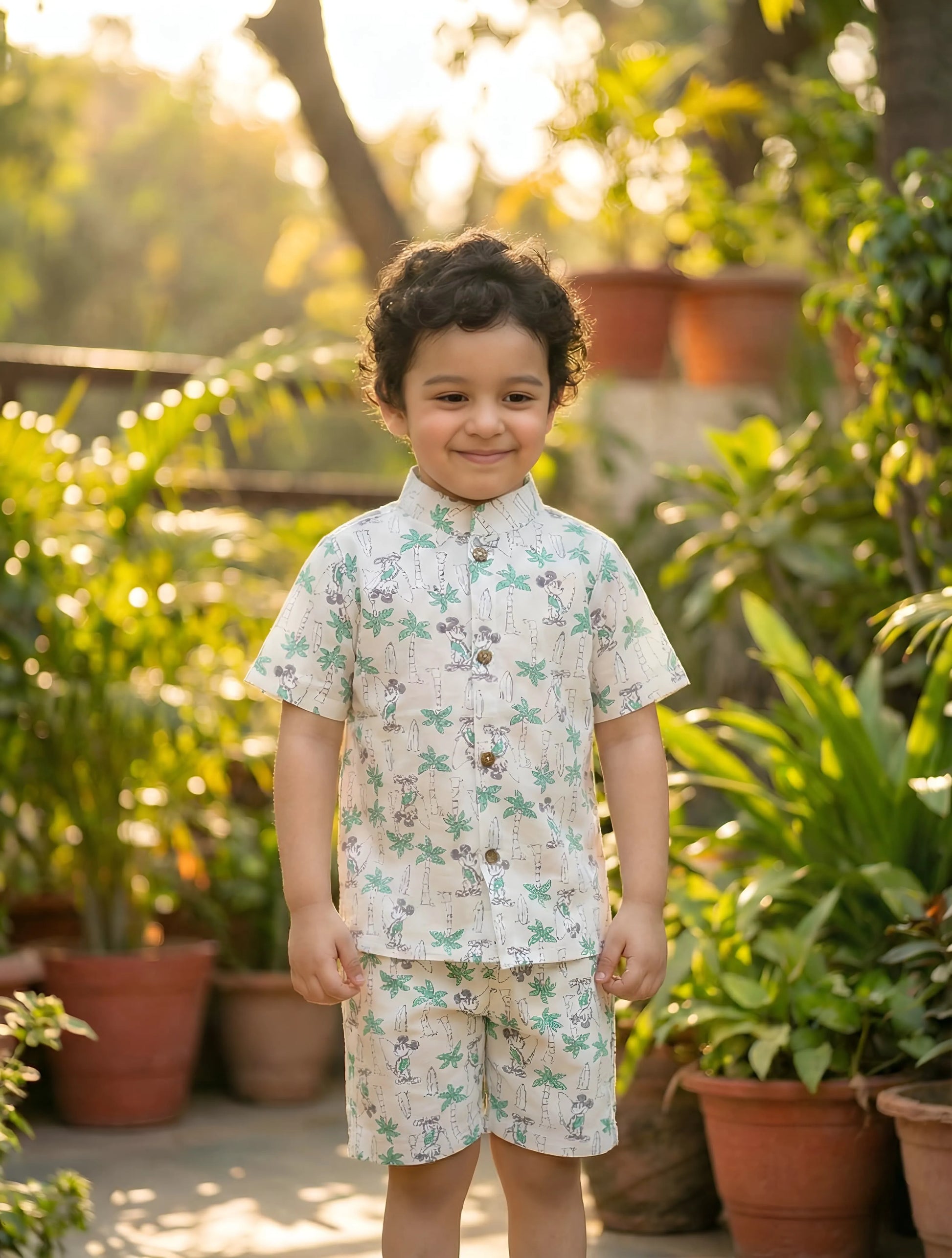 Boys printed cotton summer co ord set cream Chinese collar