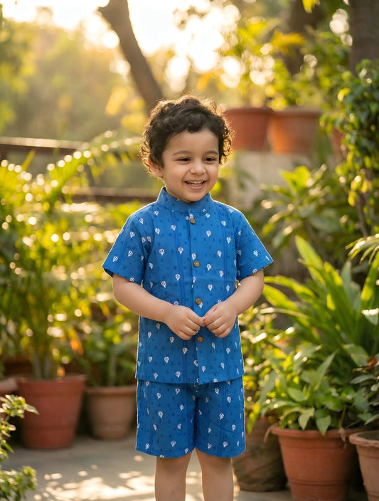Boys cotton co ord set Indigo Breeze royal blue front