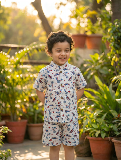 Boys cotton co ord set Palm Safari off white front