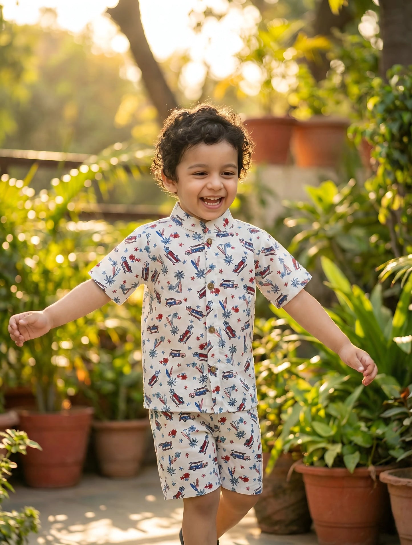 Boys summer cotton outfit off white Chinese collar