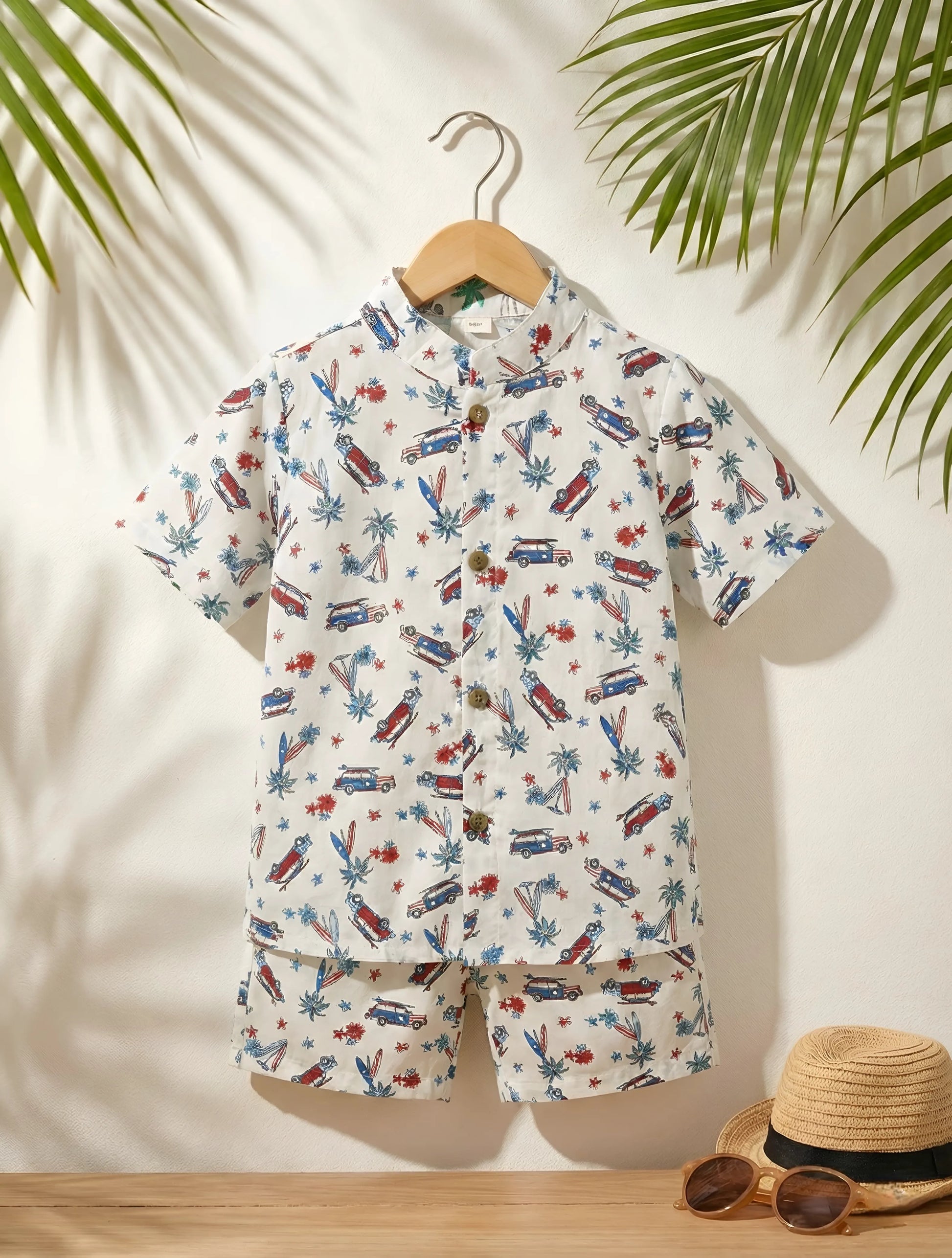 Boys printed shirt and shorts set off white