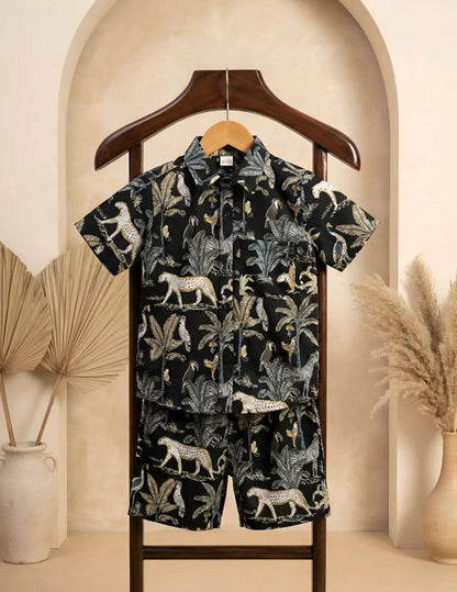 Kids black co-ord set with jungle print front view
