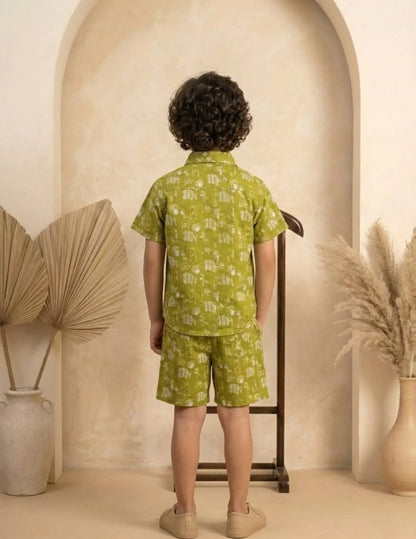 Boys olive green shirt and shorts set back view