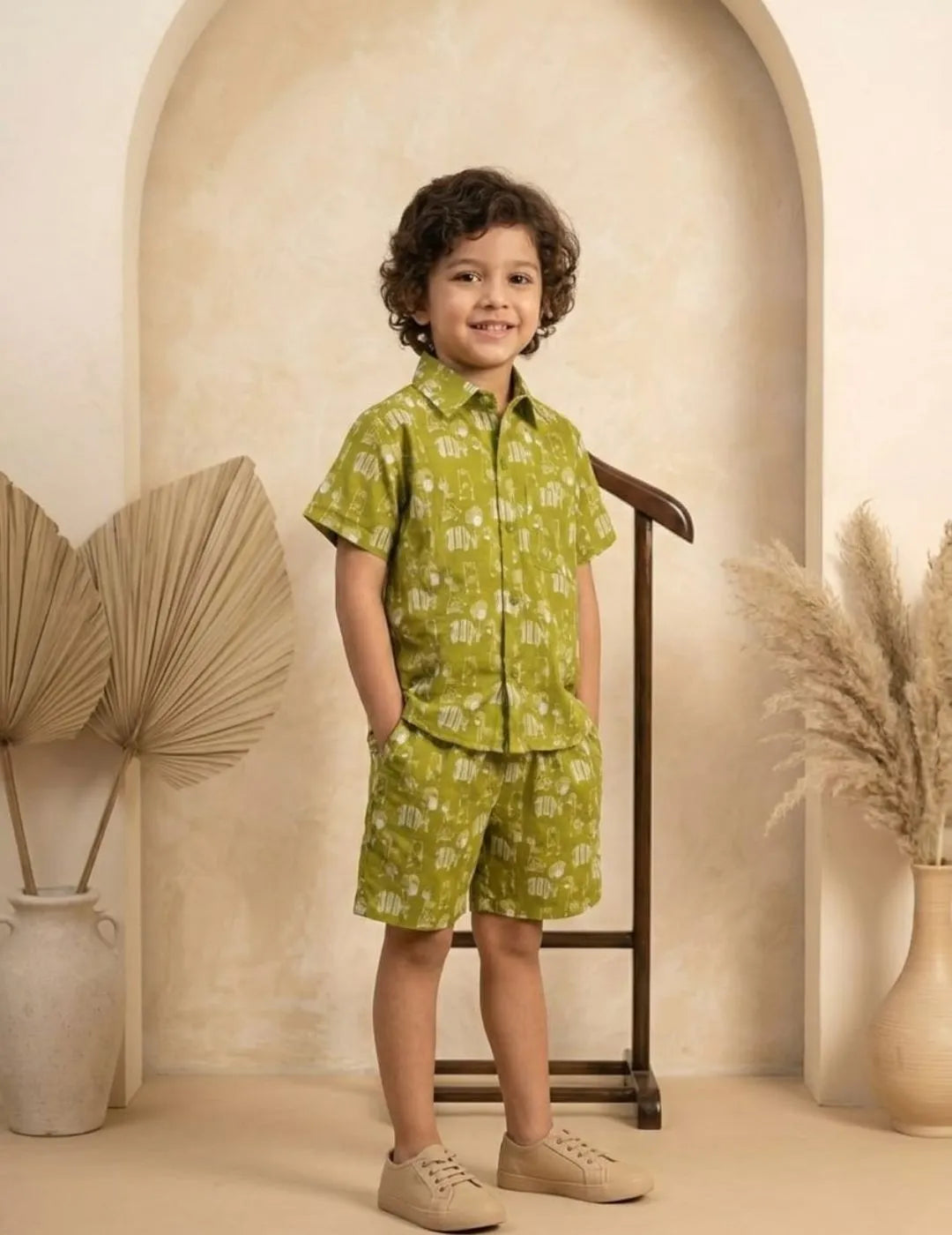 Kids olive green co-ord set front view summer outfit