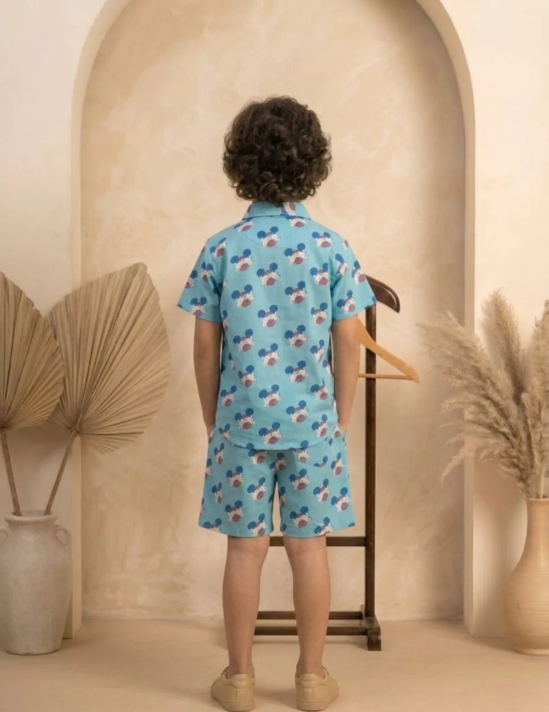 Boys sky blue shirt and shorts set back view