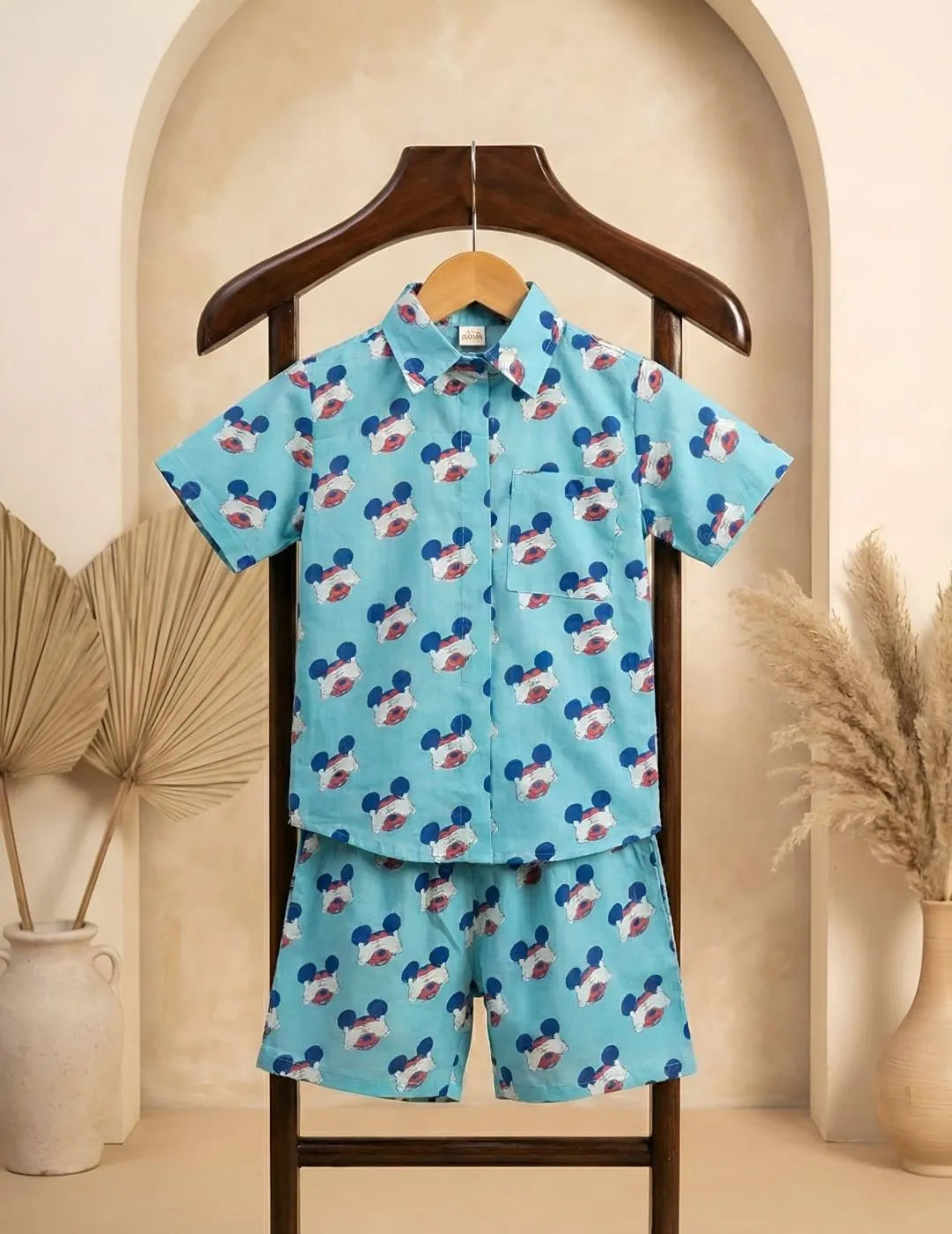 Kids sky blue co-ord set front view playful summer outfit