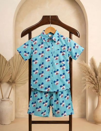 Kids sky blue co-ord set front view playful summer outfit