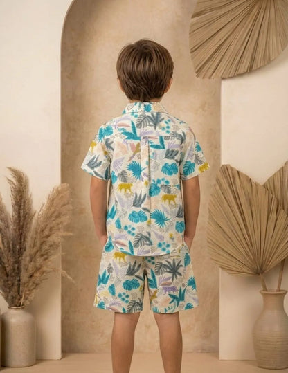 Boys white shirt and shorts set back view