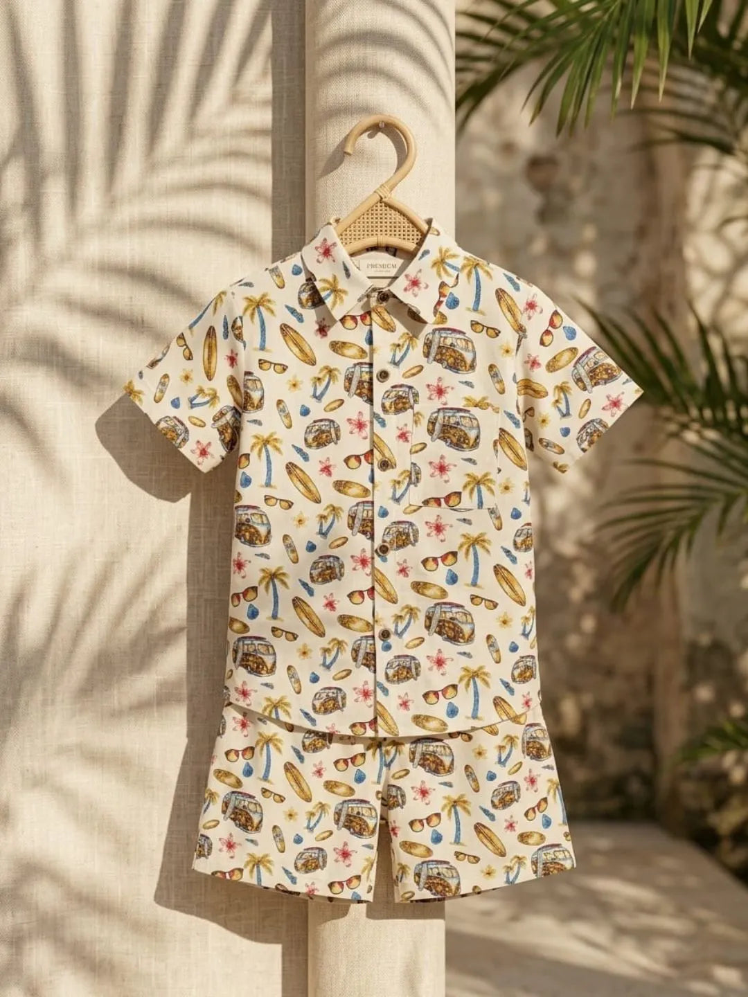 Children's outfit with a pattern of cars, trucks, and palm trees on a hanger against a leafy background.