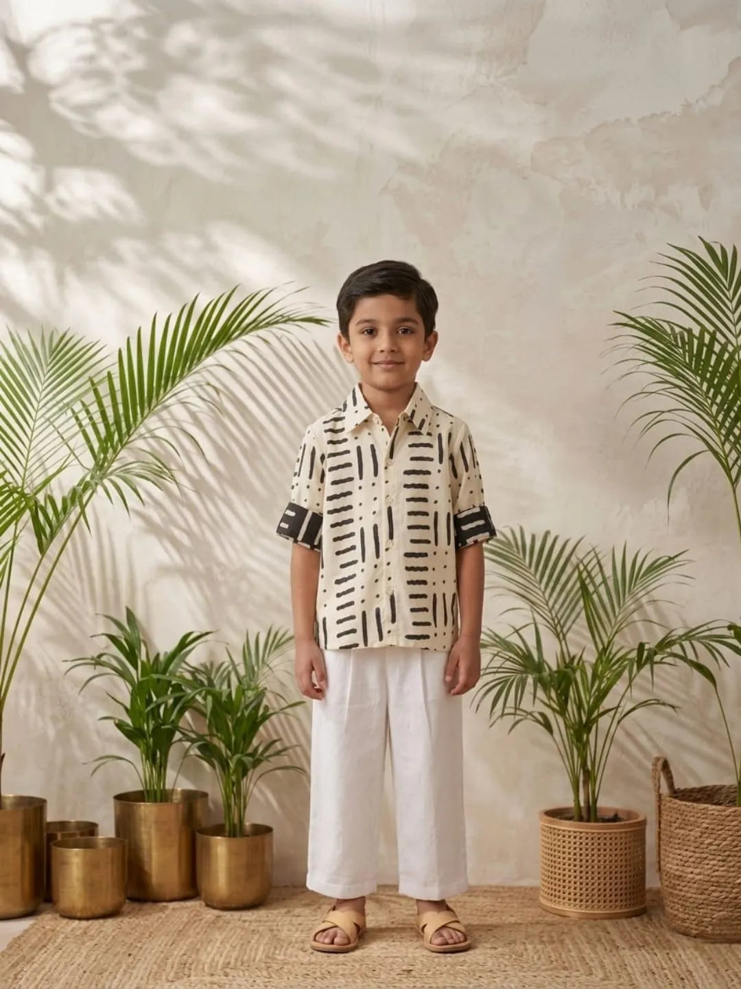 Boys white printed cotton shirt with white trouser co-ord set front view