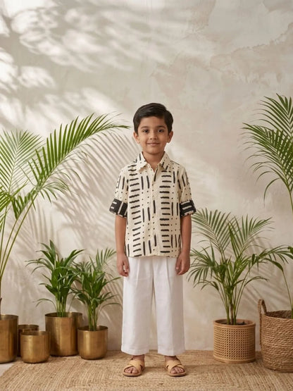 Boys white printed cotton shirt with white trouser co-ord set front view