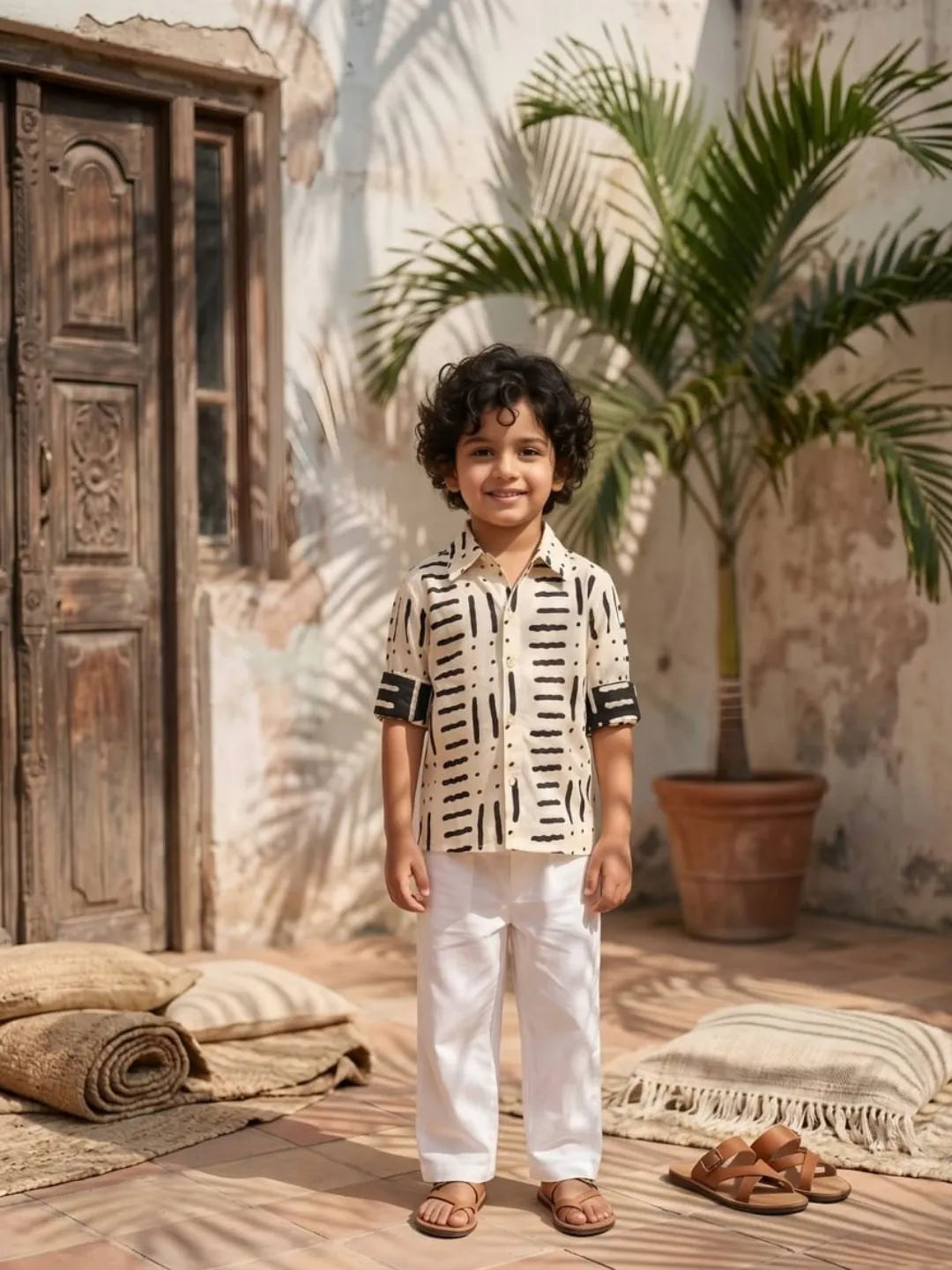 Boys white printed cotton shirt with white trousers summer outfit