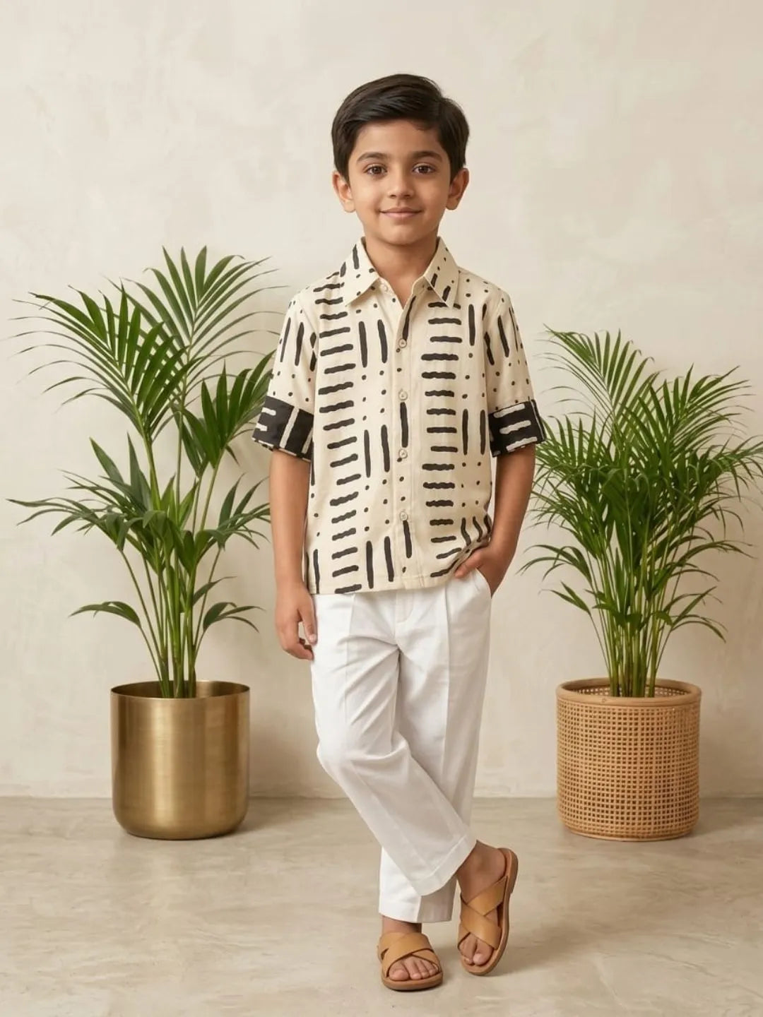 Stylish boys white printed cotton shirt with white trousers casual summer outfit front view