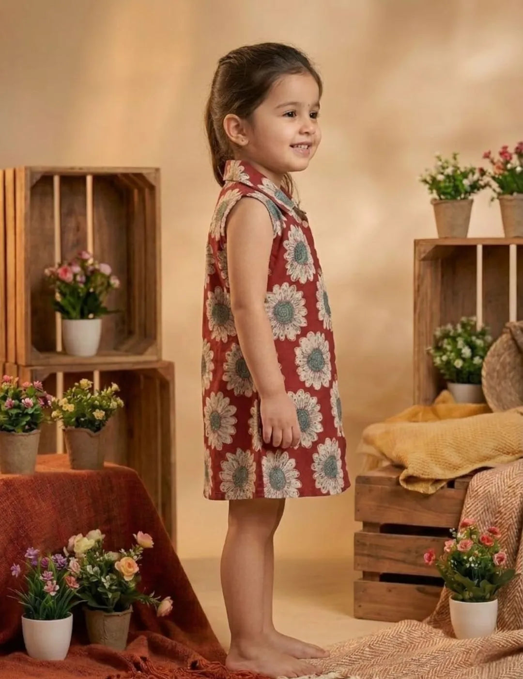 Side view red sleeveless collar dress for girls