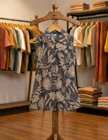 Close up of brown floral cotton shirt dress for girls