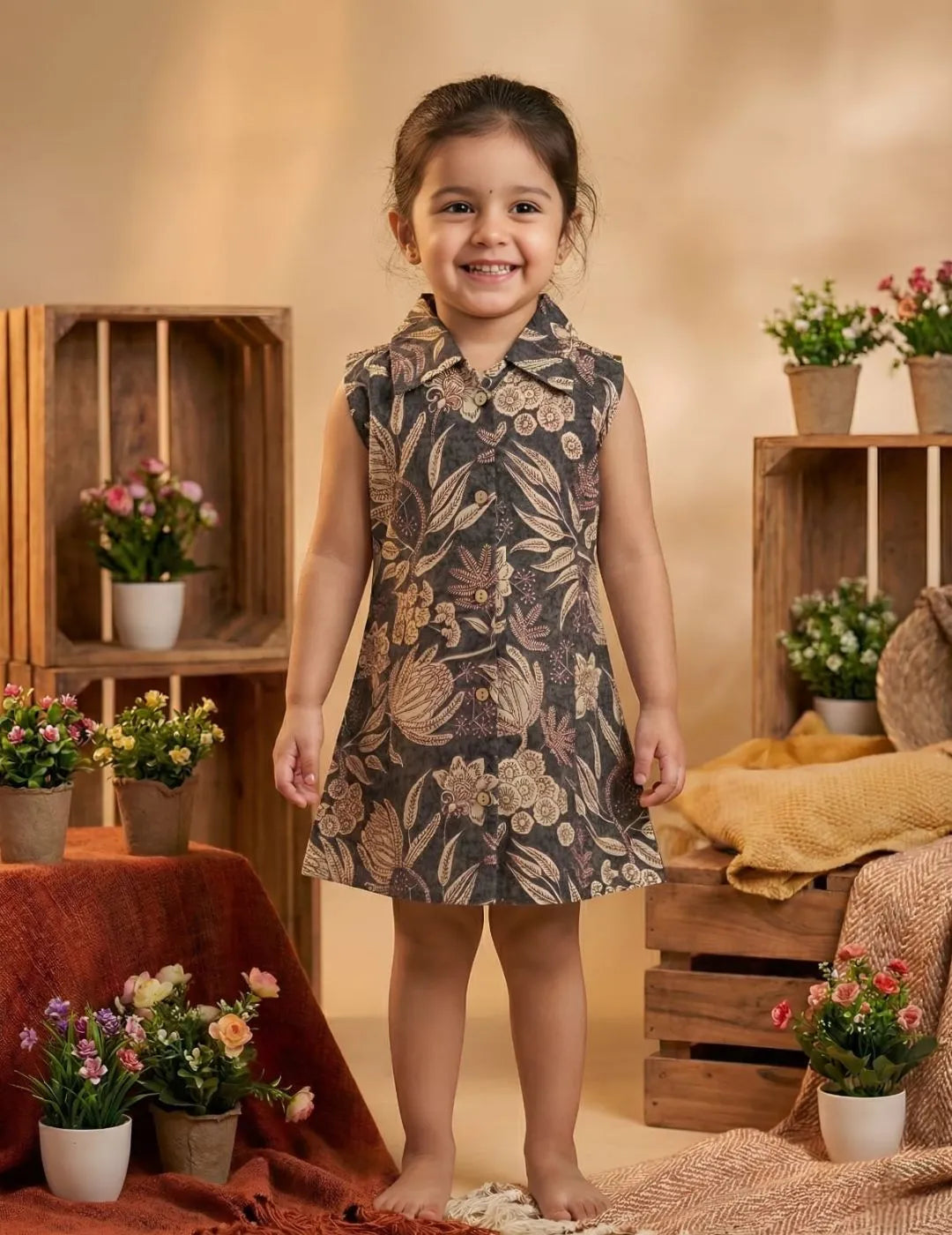 Girl wearing brown botanical print sleeveless shirt dress front view