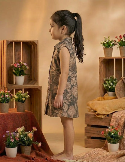 Side view of brown sleeveless collar summer dress for kid