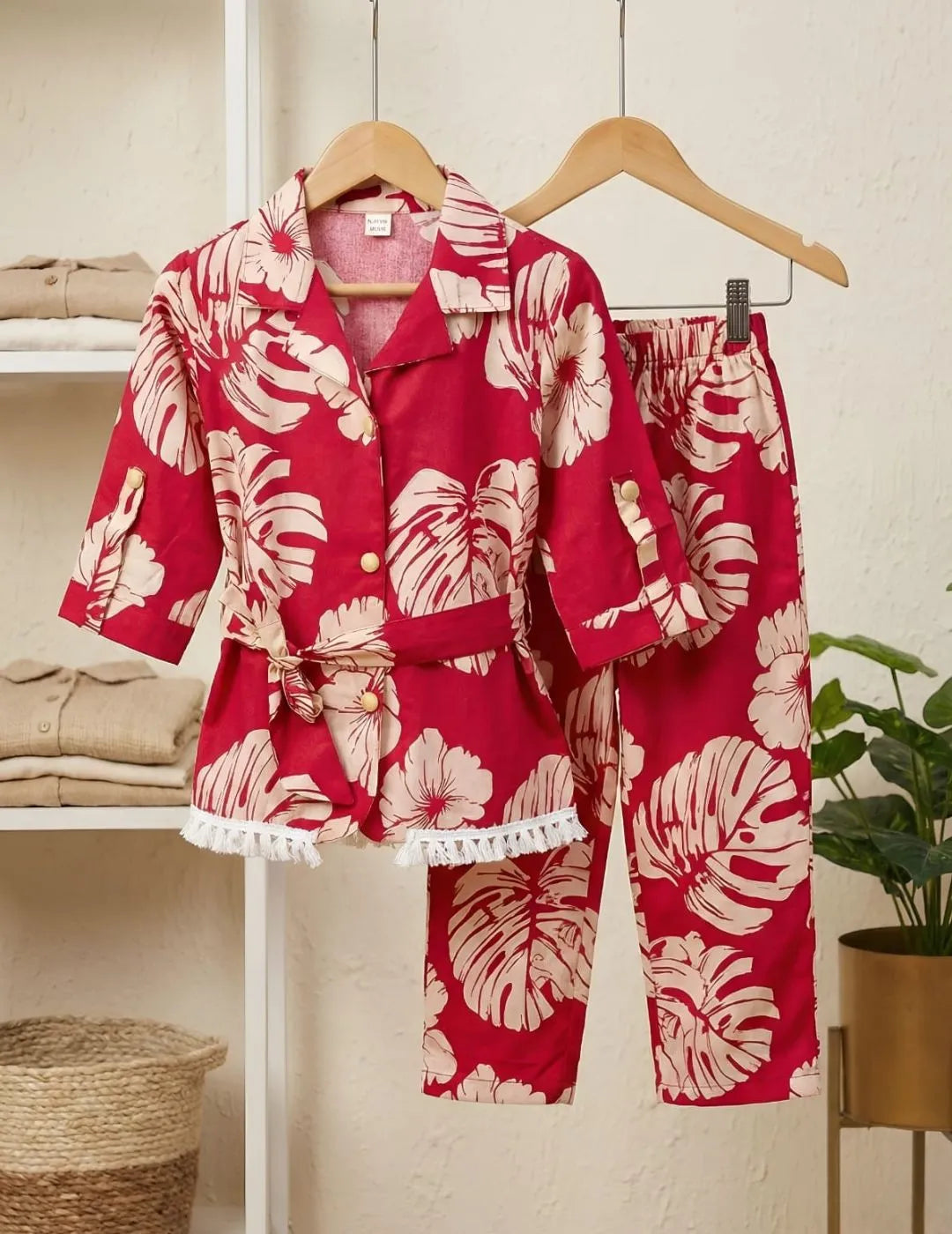 Kids red floral summer co-ord set front view