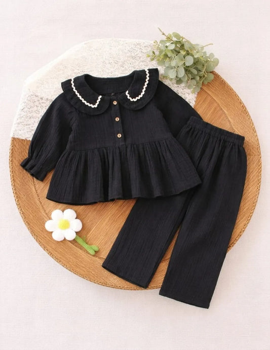 kids black co-ord set front view stylish top with collar detail and matching pants