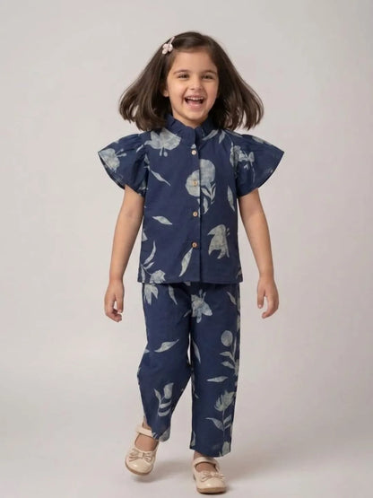 Kids blue printed cotton co-ord set with matching top and pants