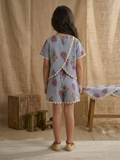 Back view of girls blue floral stripe cotton co-ord set with relaxed fit