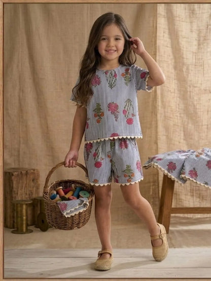 Girls blue floral stripe cotton co-ord set front view with printed design