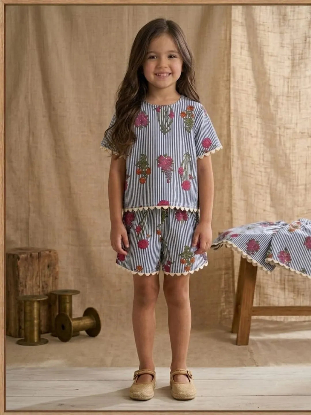 Kids blue striped floral top and shorts set front pose soft cotton outfit