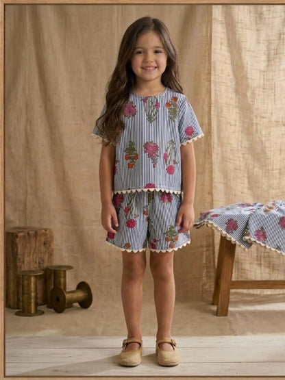 Kids blue striped floral top and shorts set front pose soft cotton outfit