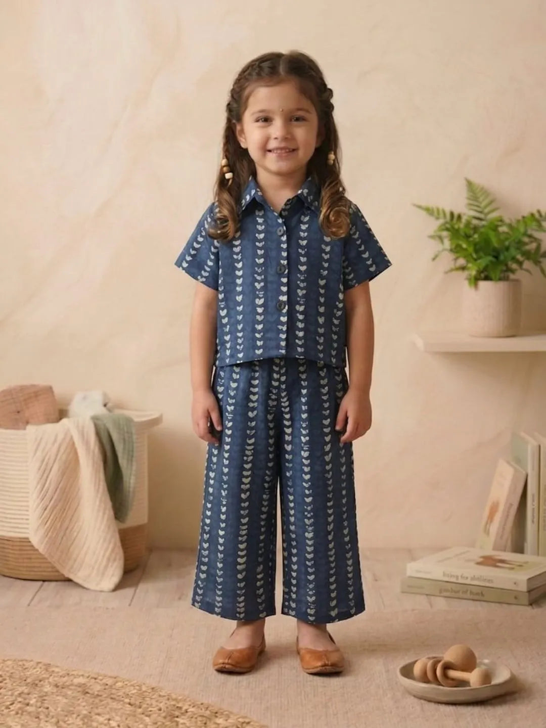 Girls blue printed co-ord set front view with shirt and wide-leg pants
