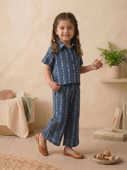 Side view of girls blue co-ord set outfit