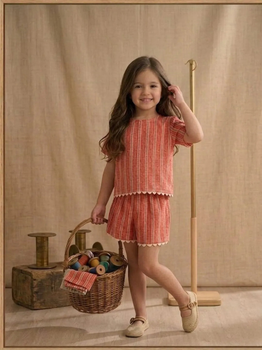 Girls coral stripe cotton co-ord set front view with scallop hem detailing