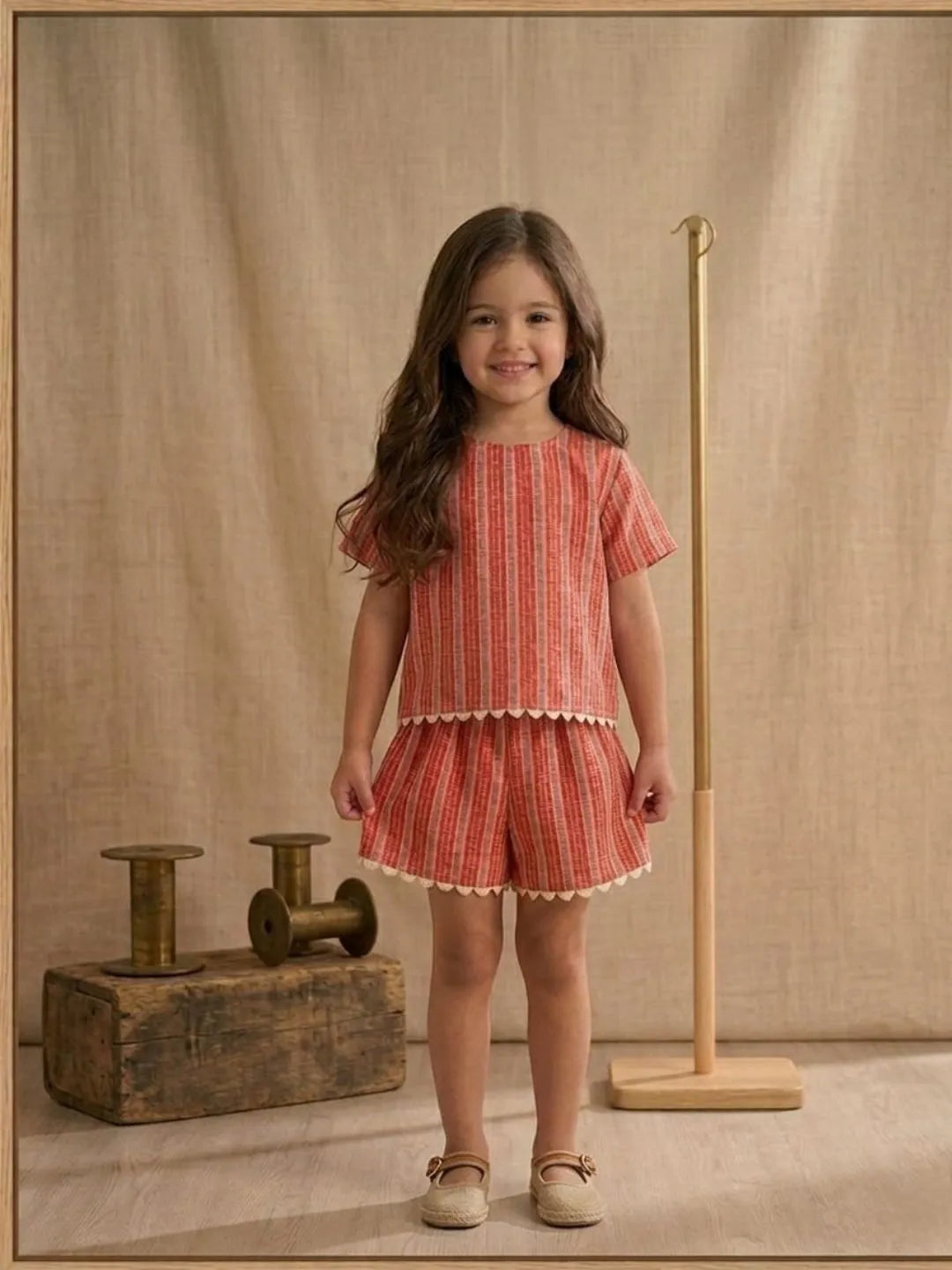 Kids coral striped top and shorts set front pose breathable cotton outfit