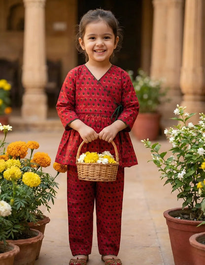 Girls red cotton angrakha co ord set front view for kids