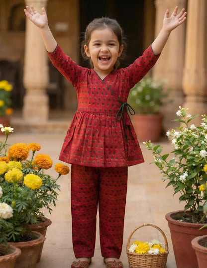 Kids wearing red cotton angrakha co ord set ethnic outfit