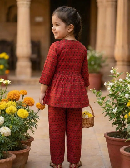 Red cotton angrakha co ord set floral print fabric detail