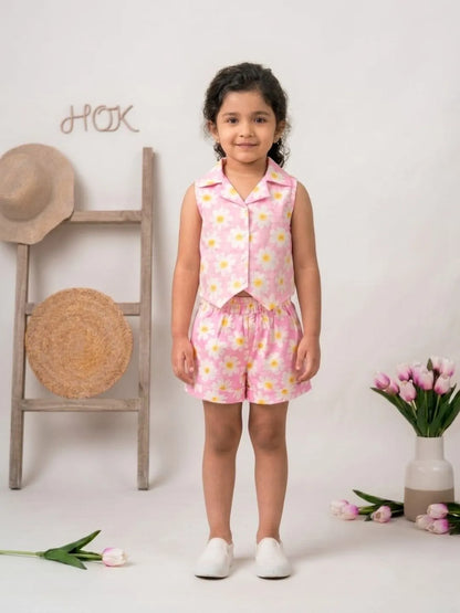 Girls cotton co-ord set front view sleeveless top and shorts set