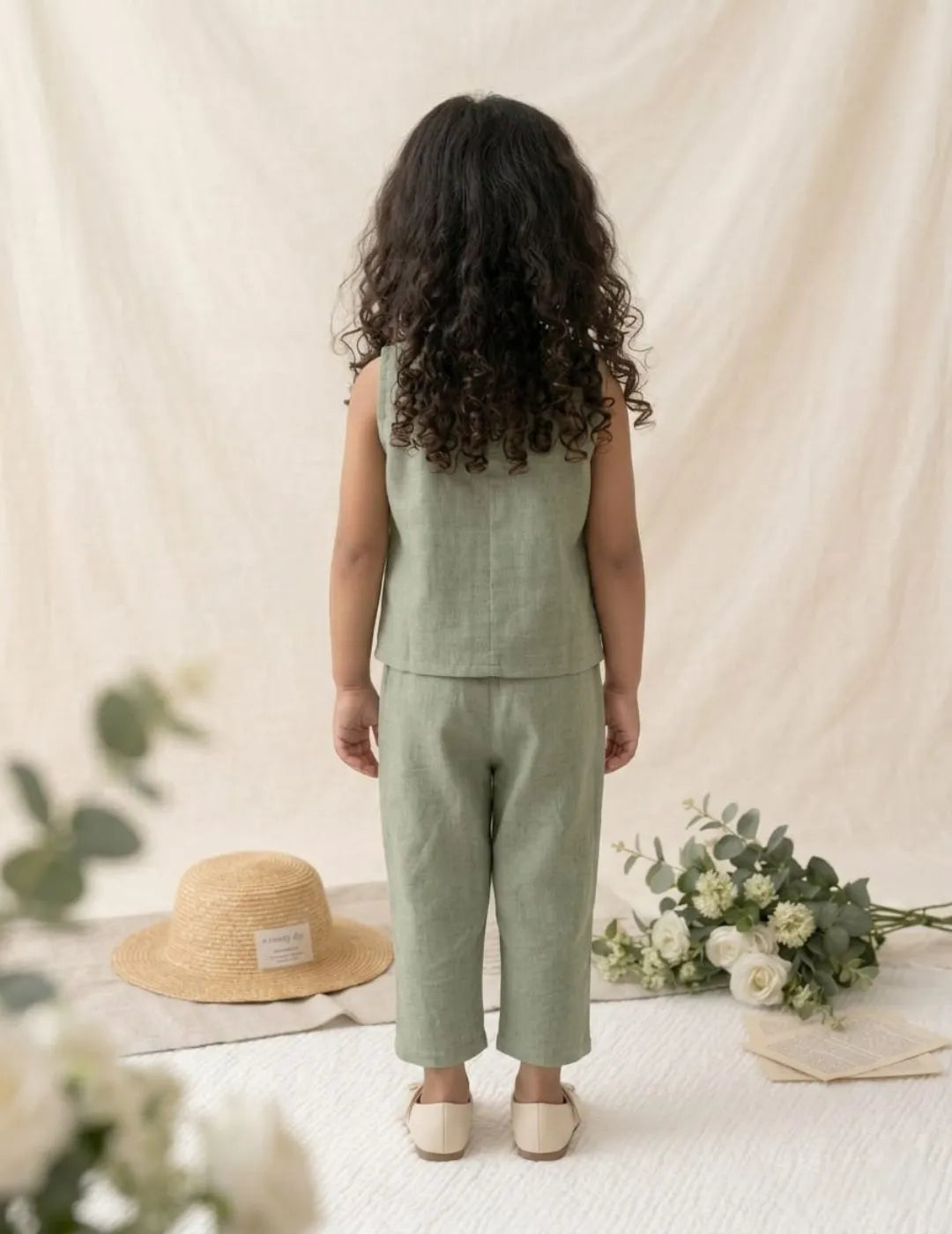 back view of girls green cotton co-ord set sleeveless top and pants