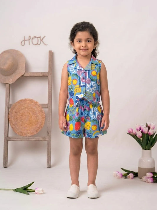Girls cotton co-ord set front view with sleeveless collared top and shorts
