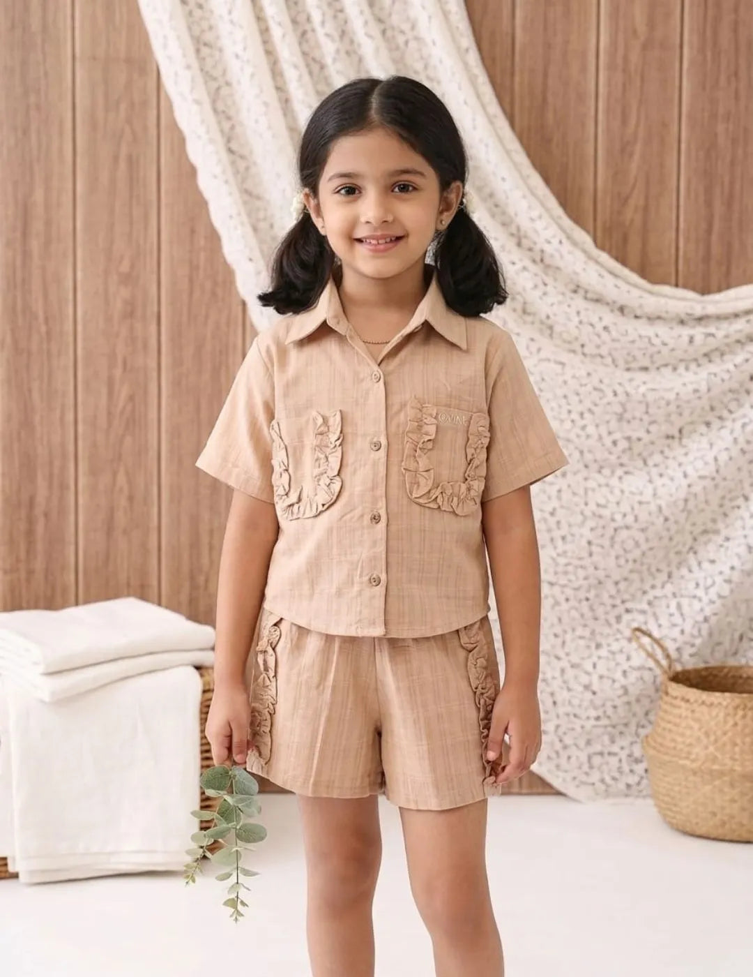 Girls cotton co-ord set front view with button-down shirt and shorts