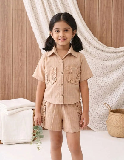 Girls cotton co-ord set front view with button-down shirt and shorts