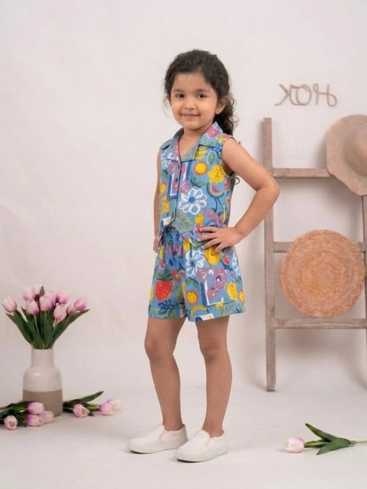 Stylish girls printed co-ord set front angle view summer outfit