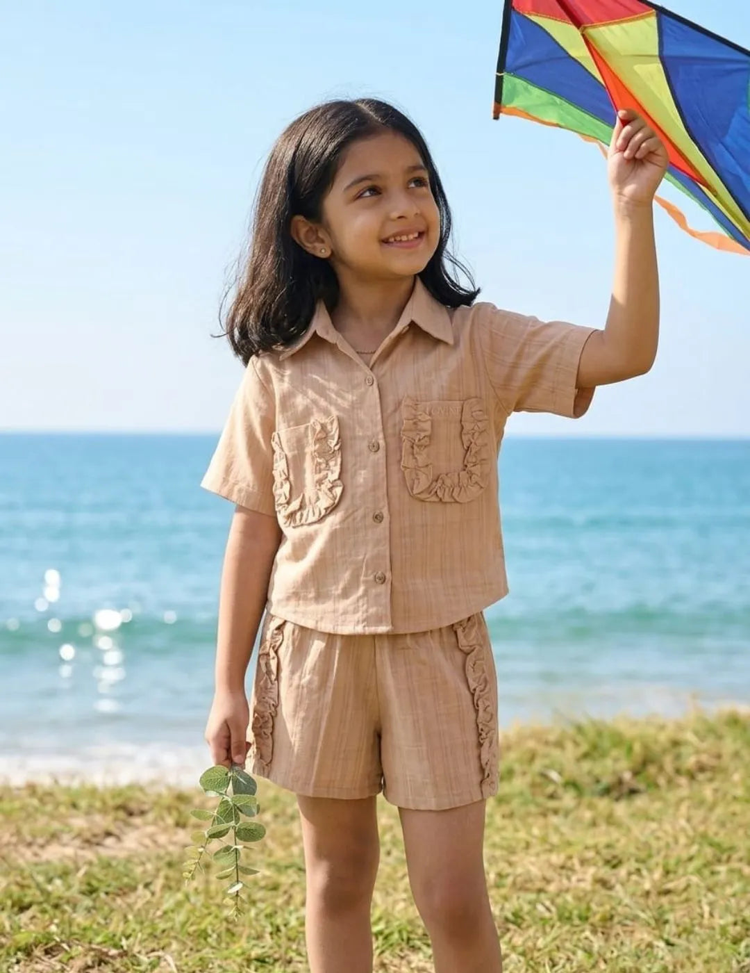 Kids cotton shirt and shorts co-ord set front angle