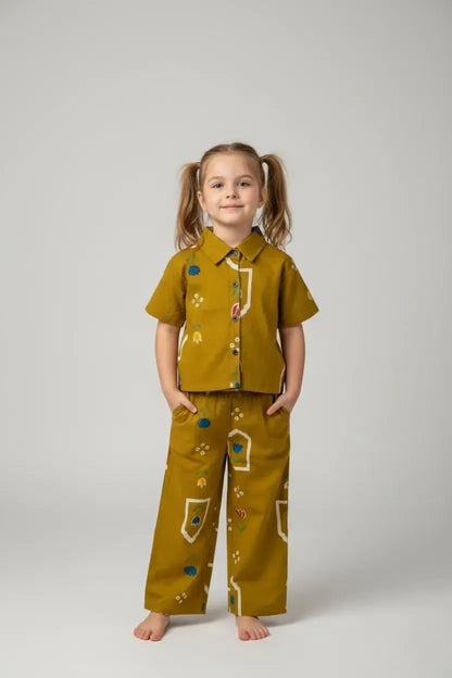 Mustard girls cotton co-ord set with crop shirt and palazzo pants