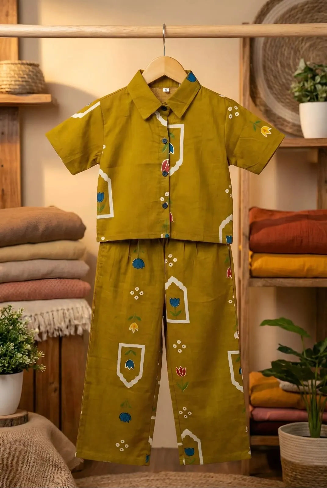 Breathable 100 percent cotton mustard girls palazzo co-ord set 