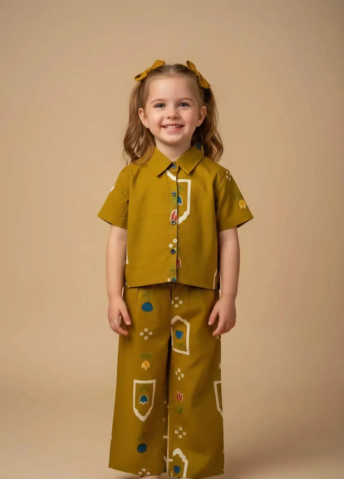 Mustard cotton co-ord matching set for girls summer outfit 2-12 years