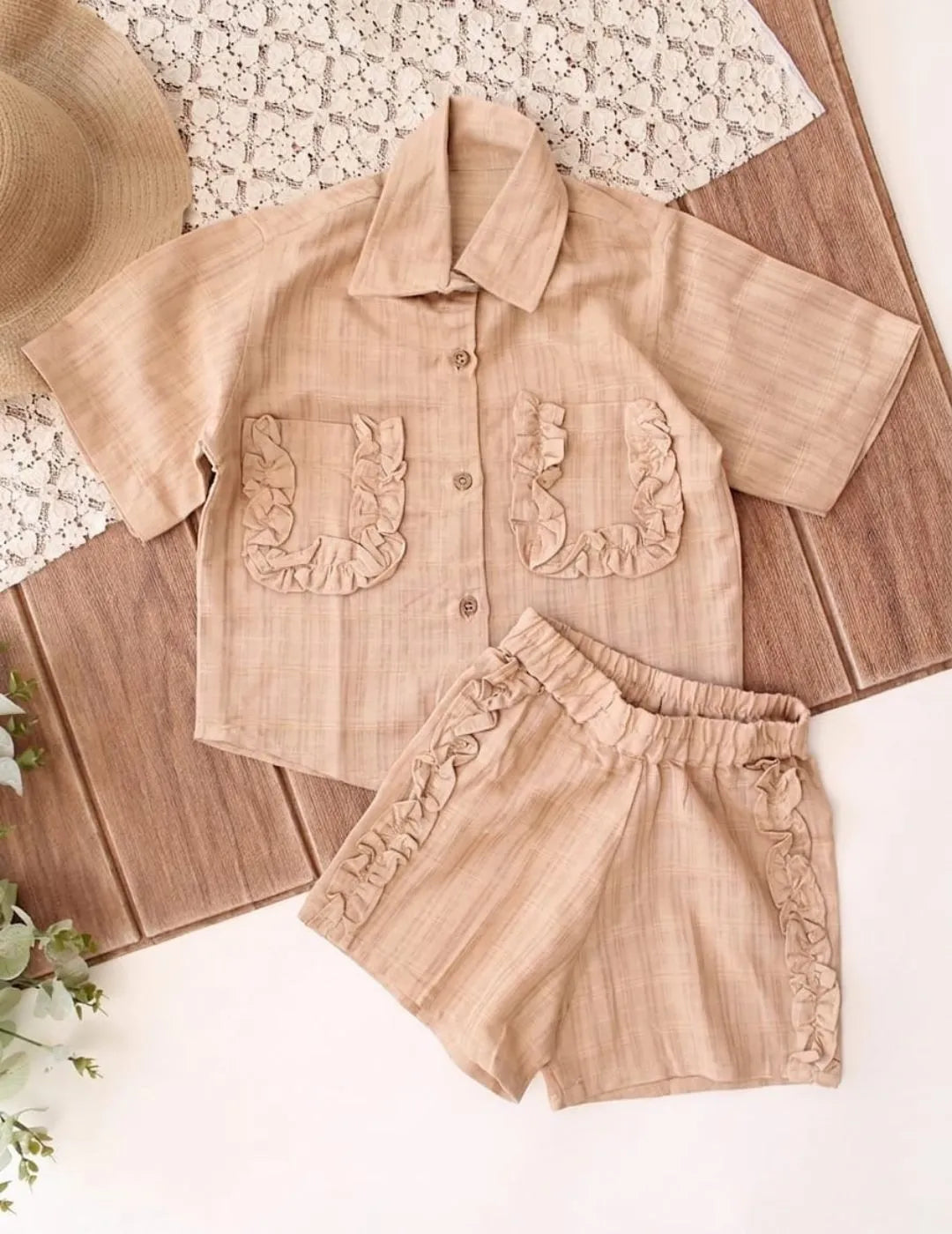 Girls cotton co-ord set shirt and shorts flat lay product image