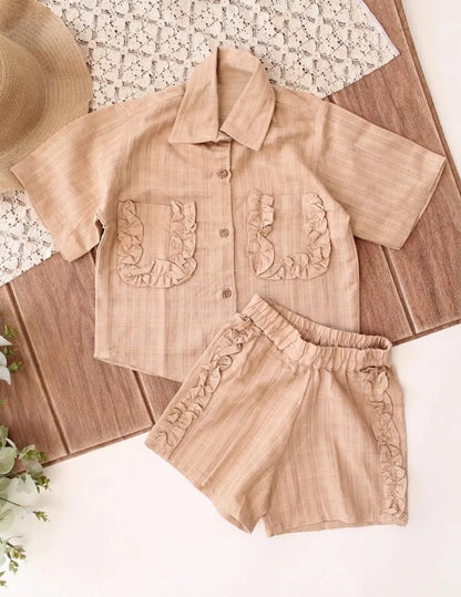 Girls cotton co-ord set shirt and shorts flat lay product image