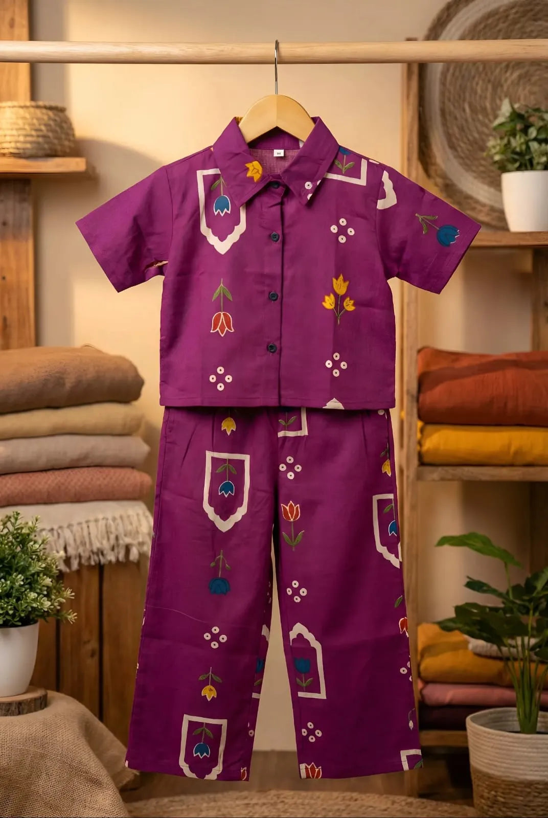 Stylish purple girls cotton matching set breathable fabric