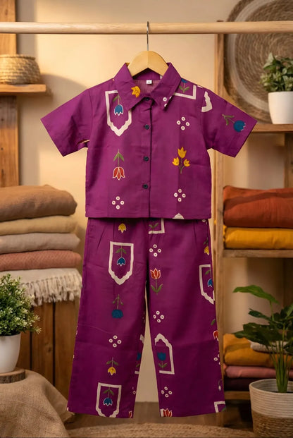 Stylish purple girls cotton matching set breathable fabric