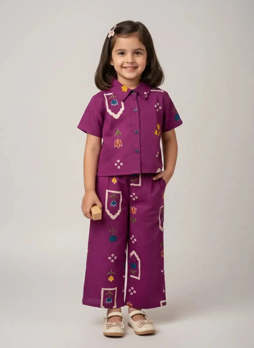 Purple floral girls cotton co-ord set